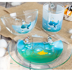 Набор детской посуды Доляна «Ловись большая и малая», 3 предмета: миска 450 мл, тарелка d=20 см, кружка 200 мл, стекло, прозрачный, голубой