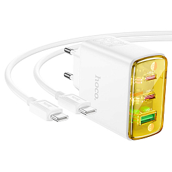 Сетевое ЗУ 1USB/2Type-C 3A HOCO CS44A, Smart, белый, Type-C-Type-C, PD 65Вт