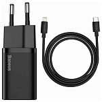 Сетевое ЗУ 1Type-C BASEUS Lightning <--> Type-C, черное, 20W (TZCCSUP-B01)