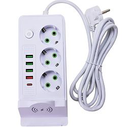 Сетевой фильтр  2.0м TENDENZA TZ-SP004, 3 розетки, 4 USB, 1 Type-C и беспроводной зарядкой