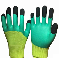 Перчатки рабочие нейлоновые с добалением резины зелено-ченые / оранж-черые /сине-черыне(ноготки) (108)