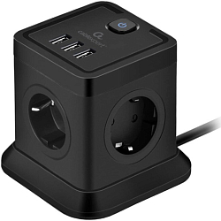 Сетевой фильтр  2.0м CABLEXPERT Tower TWR-4-U3-B-2, 4р, 10А, 3xUSB, 3.1А, 2м, ур.защиты 2+, черный, коробка