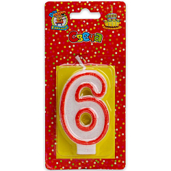 Свеча для торта Цифра 6 С-2411 с красной окантовкой с блестками