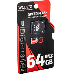 Micro SD 64Gb WALKER Class 10 (95-30Мб/с) с адаптером SD