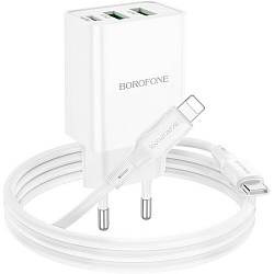 Сетевое ЗУ 2USB/1Type-C BOROFONE BA70A, белый, кабель Lightning - Type-C, 20Вт