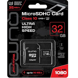 Micro SD 32Gb QUMO Сlass 10 UHS-I U3 + адаптер SD, черно-красная упаковка (QM32GMICSDHC10U3)