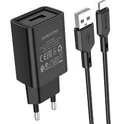 Сетевое ЗУ 1USB 2.1A BOROFONE BA68A, Glacier, Lightning, черный