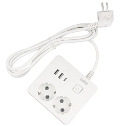 Сетевой удлинитель  1.9м POWER CUBE PC-1-2M, белый, 2 розетки, 3USB, с/з, с вык.16А