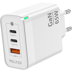 Сетевое ЗУ 1USB/2Type-C WALKER WH-45 GaN, белое 65Вт, QC 3.0+PD