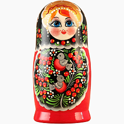 Матрёшка дерево «Снегири в рябине», чёрный платок, 5 кукольная