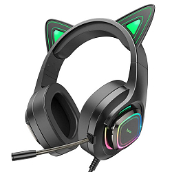 Наушники HOCO W107, Cute cat luminous, чёрно-зелёный