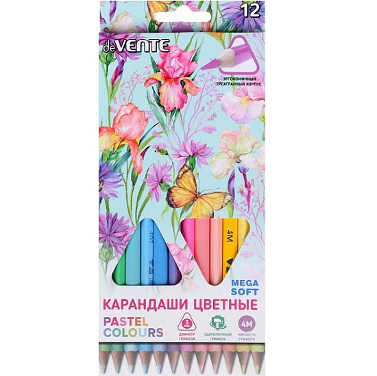 Карандаши 12 цветов, deVENTE Trio Mega Soft Pastel, трёхгранный корпус, пастельные цвета