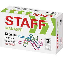 Скрепки STAFF Manager, 28 мм, цветные, 100 шт., в картонной коробке