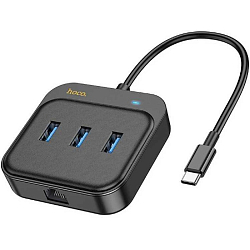 USB-Хаб HOCO HB35, EasyLink, 4 гнезда, 3xUSB 3.0, RJ45, кабель Type-C 0.2м, цвет: черный