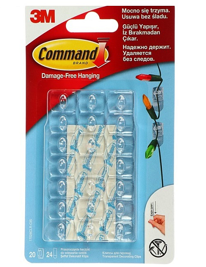 Клипса Command 17026CLR, для гирлянд, прозрачная основа, 20 шт