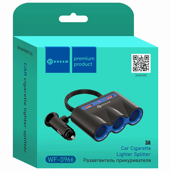 Разветвитель прикуривателя DREAM WF-0966 2USB 3 АЗУ 3А черный