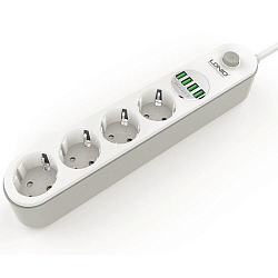 Сетевой фильтр  2.0м LDNIO SE4432 4 розетки, 4USB, 3.4A, белый/серый