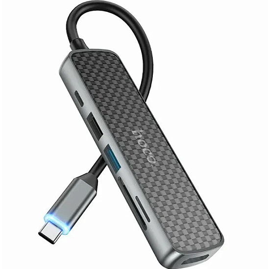 USB-Хаб HOCO HB24, Easy, 2USB, microSD, TF. 1 HDMI, алюминий, 60W, кабель Type-C, серый