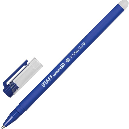 Ручка стираемая гелевая STAFF ERASE, СИНЯЯ, прорезиненный корпус, узел 0,5мм, линия 0,35мм, 143656