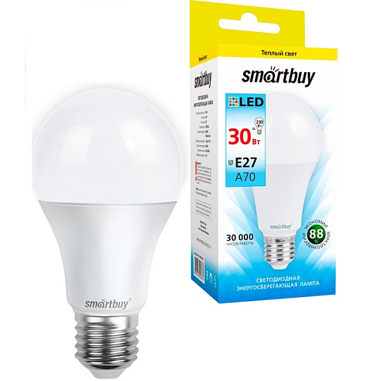 Лампа светодиодная SMARTBUY A70 30W/3000К/E27 (теплый свет) (10/50)