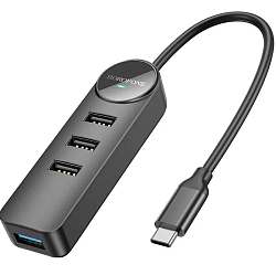 USB-Хаб BOROFONE DH5, Erudite 4-in-1, 4 гнезда, 1 USB 3.0, 3 USB 2.0, кабель Type-C 0.2м, чёрный