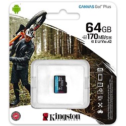 Micro SD 64Gb Kingston Class 10 Canvas Go Plus UHS-I U3 V30 A2 (170/70 Mb/s) без адаптера