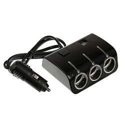 Разветвитель прикуривателя, 3 гнезда с подсветкой, 2 USB, 12/24 В, провод 70 см, черный 2514433