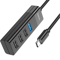 USB-Хаб HOCO HB25, Easy, 4 гнезда, 3 USB 2.0 выхода, 1 USB 3.0 выход, чёрный