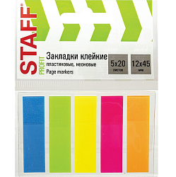 Закладки клейкие неоновые STAFF, 45х12 мм, 100шт (5 цв. х 20 л.), на пластиковом основании, 129355