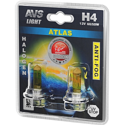 Лампа галогенная AVS ATLAS ANTI-FOG/желтый H4.12V.60/55W.блистер 2шт.