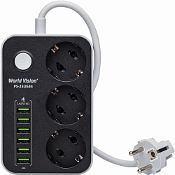 Сетевой фильтр  2.0м WORLD VISION PS-23U634, 3 розетки, 6USB, черный