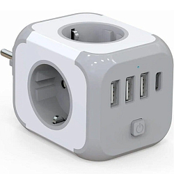 Тройник-удлинитель 1.5 метра, с USB, Type-C PowerCube, 3 гнезда 220V, 3 USB 2100mA / 1 Type-C 3400mA, c заземлением, защитные шторки, 16 A/4000 Вт.