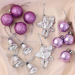 Набор украшений пластик 14 шт "Сюрприз" (4 колокол, 8 шаров, 2 ангела) серебро, фиолет 2371226