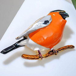 Брошь "Птица" снегирь, чёрно-оранжевый в золоте   7624685